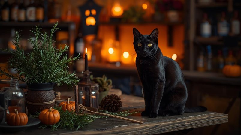 Hallowean - black cat and herbs