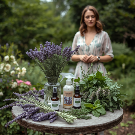 lady with lavender and bottles